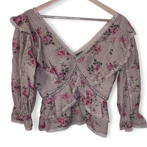 Love Sam Floral Cottagecore Blouse w/ Lace Trim & Ruffles Sz Small